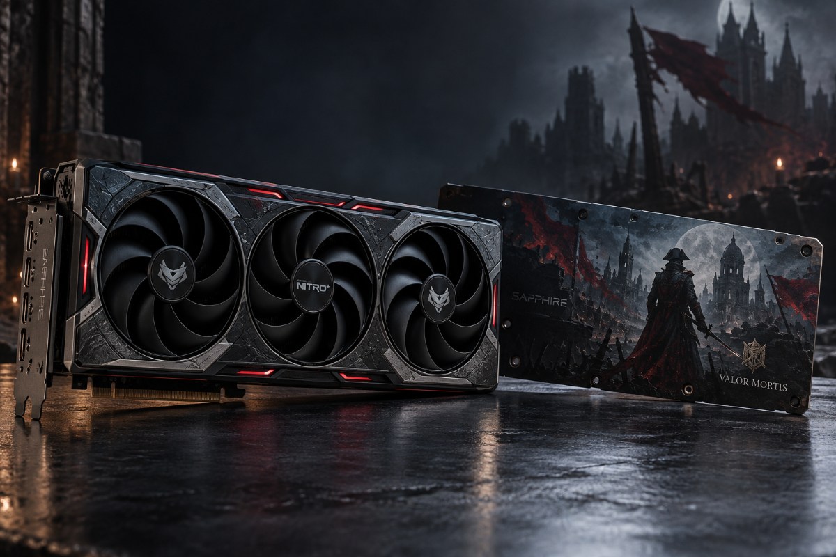 Sapphire NITRO+ Radeon RX 9070 XT Valor Mortis Edition graphics card with its custom magnetic game themed backplate.