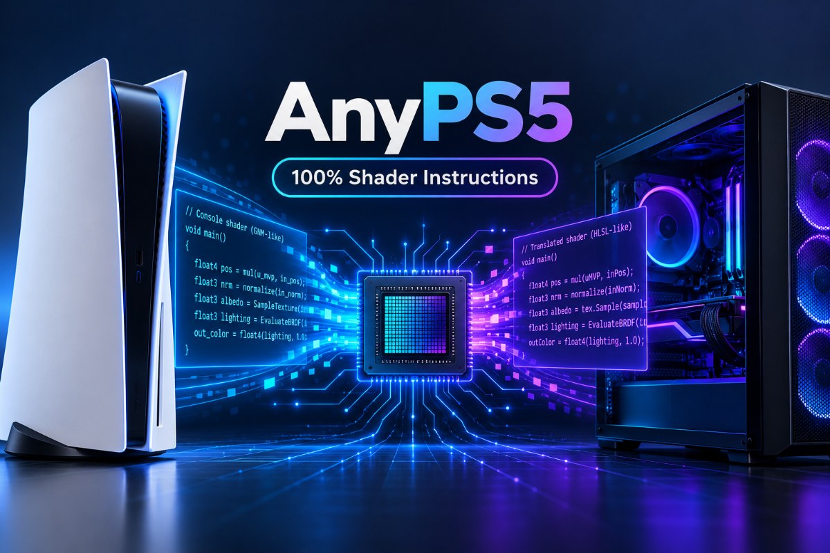 A PlayStation 5 console alongside a gaming PC illustrates AnyPS5's efforts to convert PS5 games for Windows and Linux.
