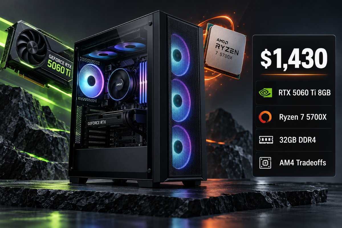 Black Hoengager gaming desktop featuring RGB cooling fans, an RTX 5060 Ti 8GB graphics card and an AMD Ryzen 7 5700X processor.