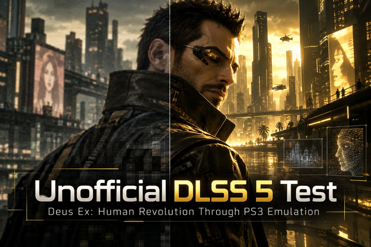 Adam Jensen from Deus Ex: Human Revolution, illustrating the game's visual style and an unofficial DLSS 5 emulation experiment.