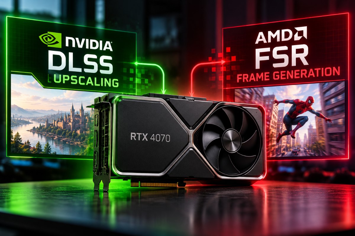 NVIDIA GeForce RTX 4070 graphics card featured in a comparison of DLSS upscaling and AMD FSR Frame Generation.