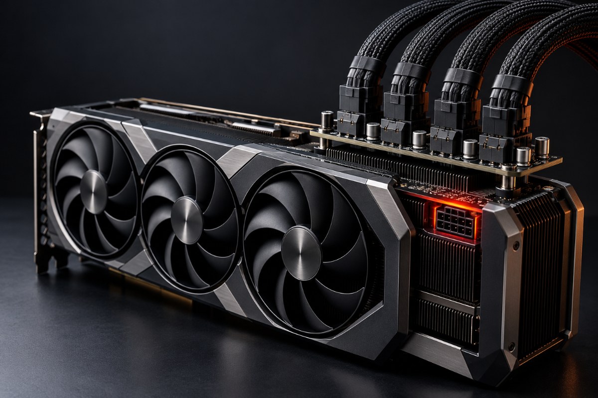 A Gigabyte RTX 5090 graphics card fitted with a custom circuit board carrying four 8-pin PCIe power sockets.
