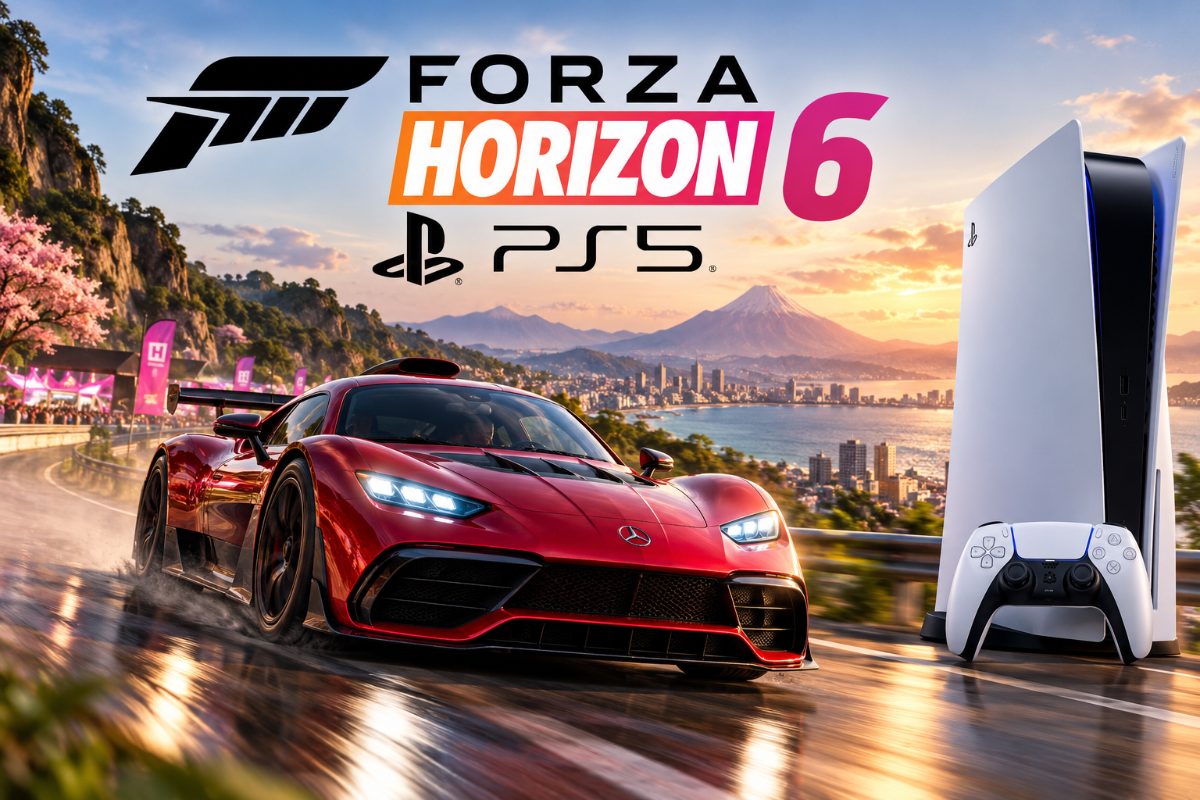 Forza Horizon 6 promotional artwork featuring racing cars on a Japanese road with Mount Fuji and Tokyo in the background.