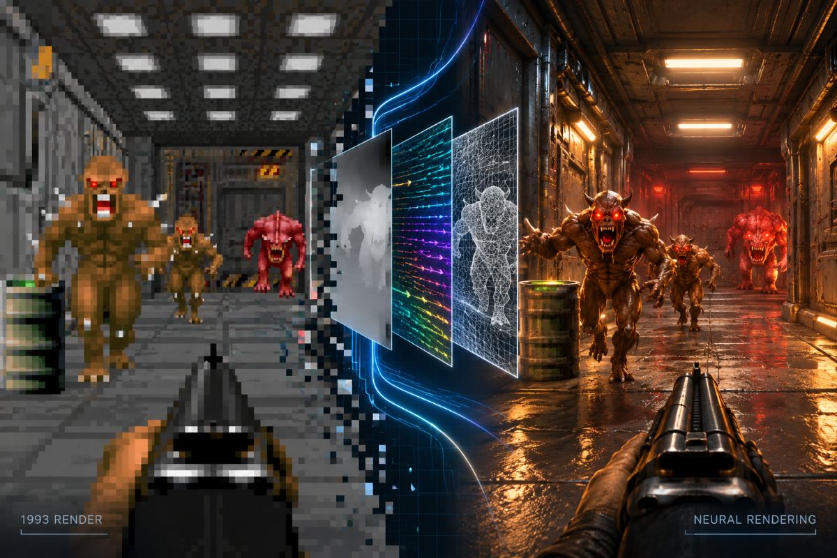 DOOM 1993 running through a custom DirectX 12 renderer with NVIDIA DLSS 5 Neural Rendering.