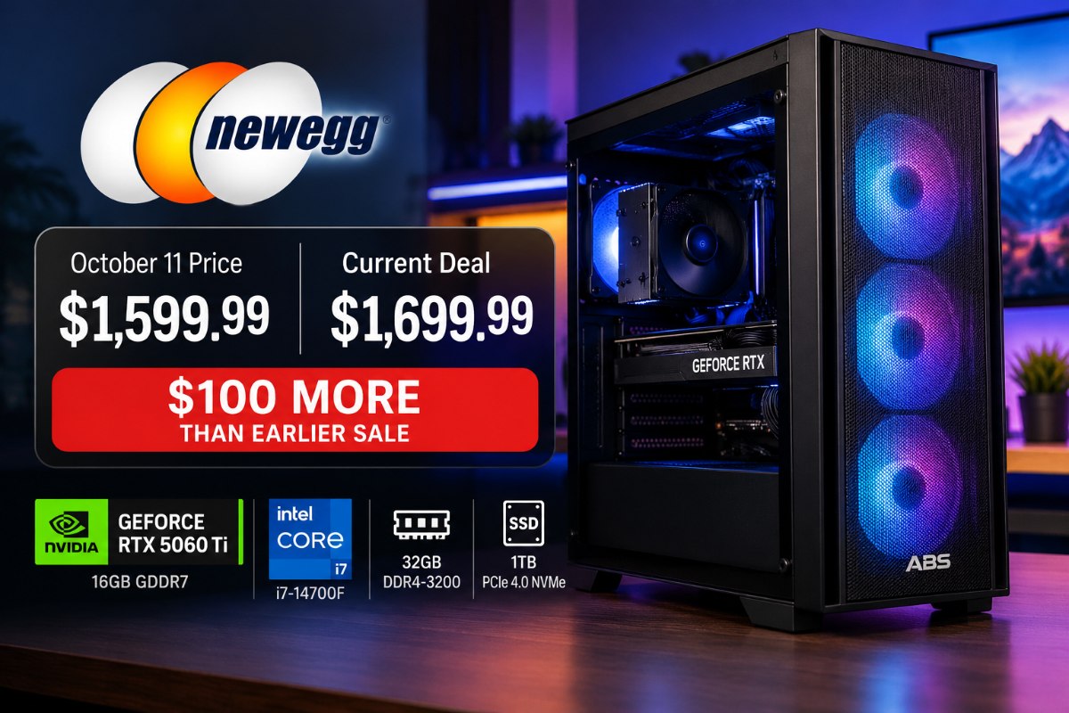 ABS Flux II Aqua gaming desktop featuring an RTX 5060 Ti 16GB graphics card, advertised for $1,699.99 at Newegg.