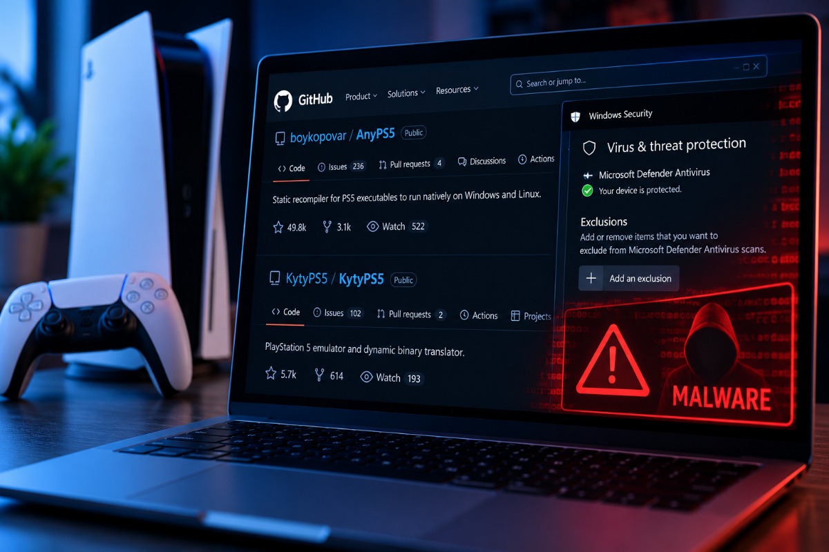 A Windows laptop displays a GitHub style project page alongside a malware warning, representing fake AnyPS5 and KytyPS5 downloads.