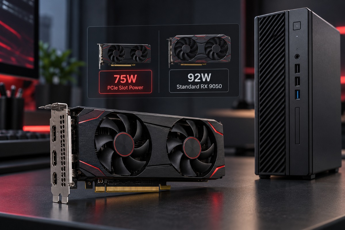 Editorial illustration of a PowerColor Radeon RX 9050 graphics card beside a slim desktop PC, highlighting the 75W PCIe slot power limitation.