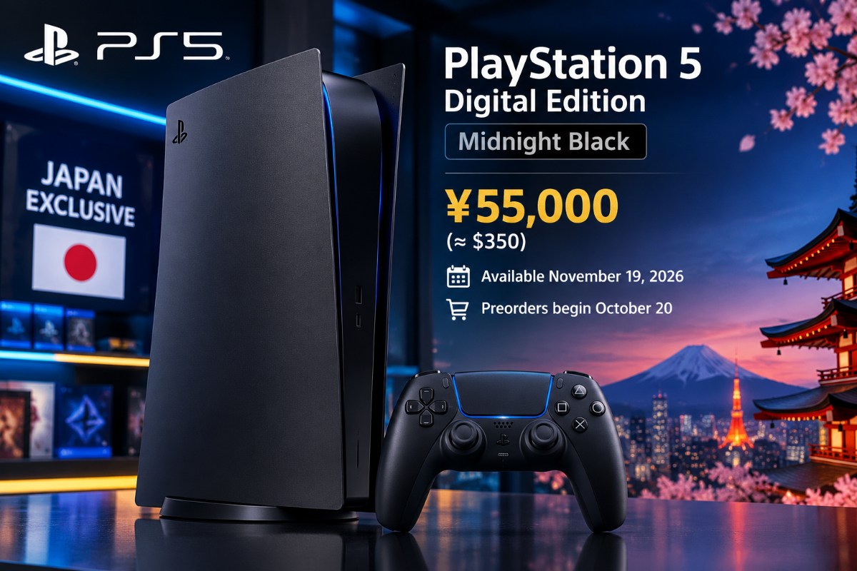 Sony Midnight Black PS5 Digital Edition console with matching black DualSense controller, launching exclusively in Japan.