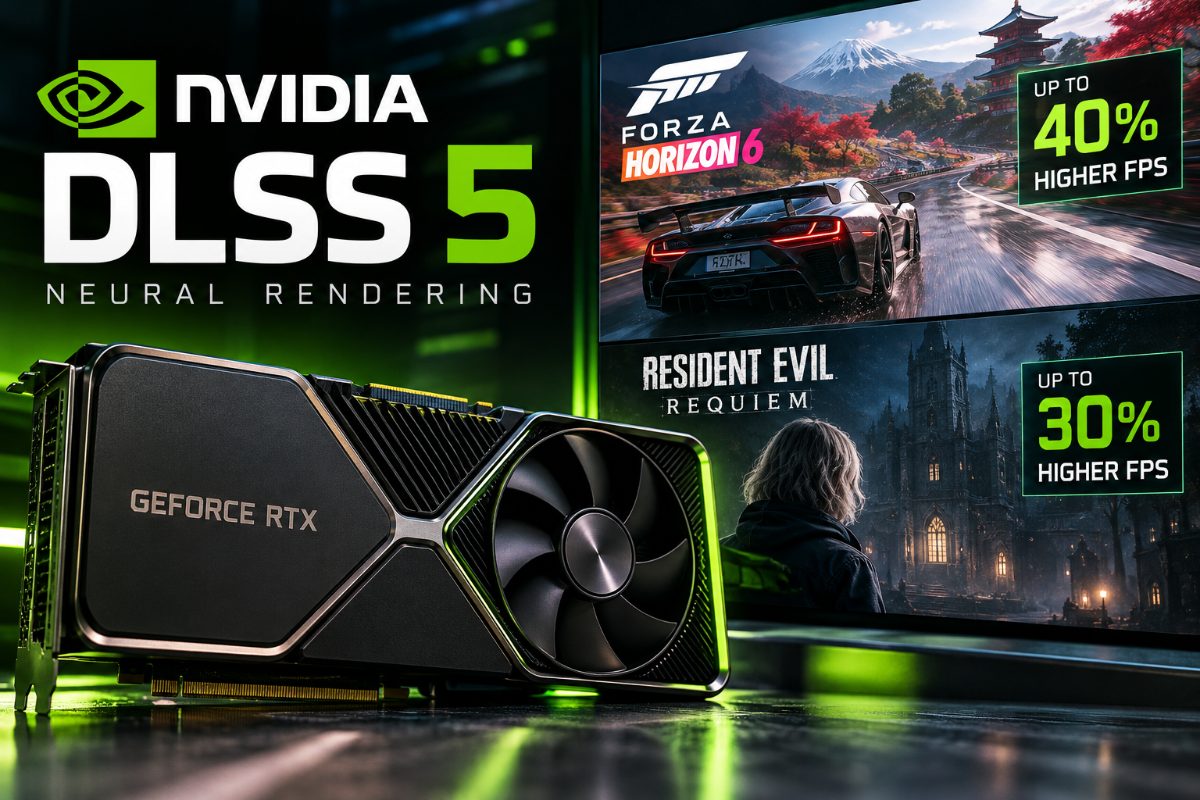 NVIDIA GeForce RTX graphics card illustrating the updated DLSS 5 Neural Rendering model and performance improvements on older RTX GPUs.