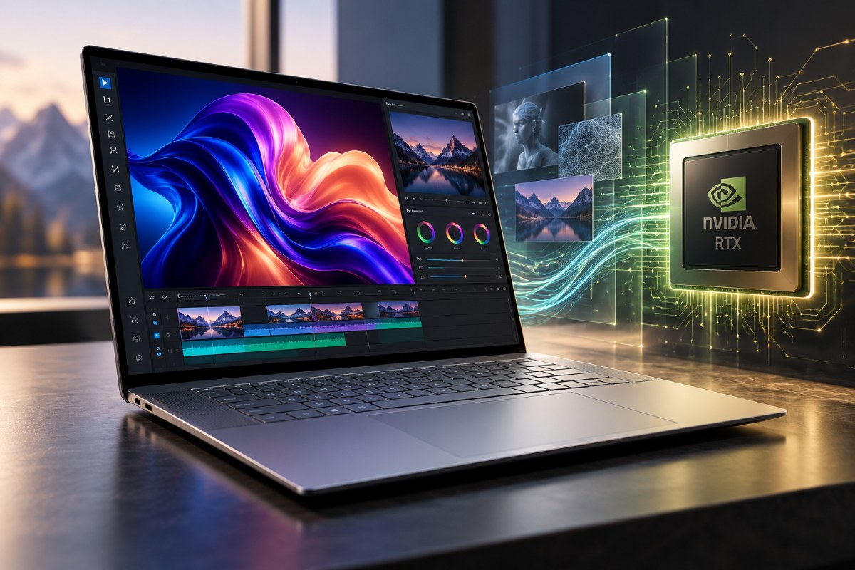 Dell XPS 16 Creator Edition laptop with NVIDIA RTX Spark processor and 16-inch OLED display.