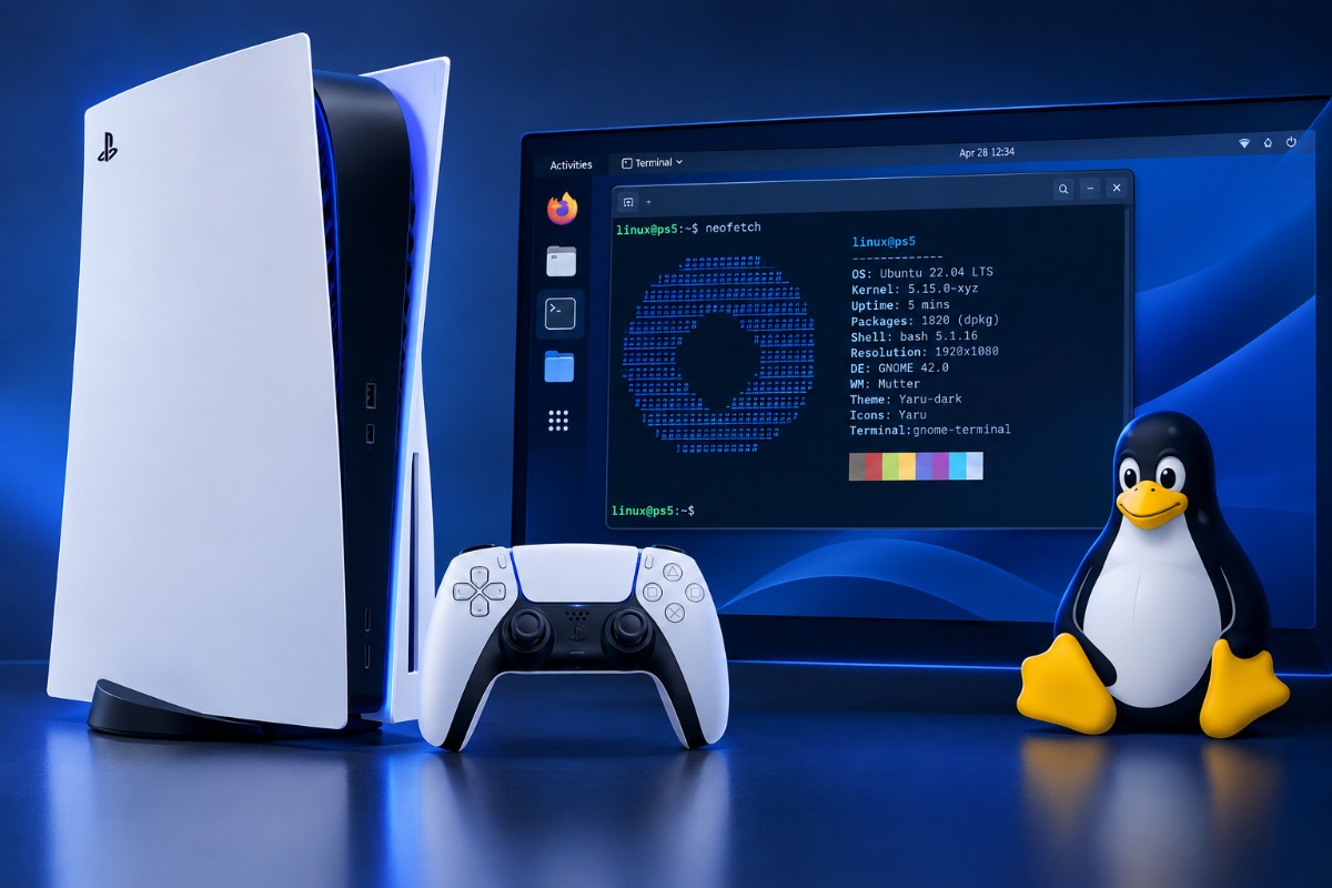 PlayStation 5 console beside a Linux desktop illustration representing the experimental PS5 Linux bootloader.
