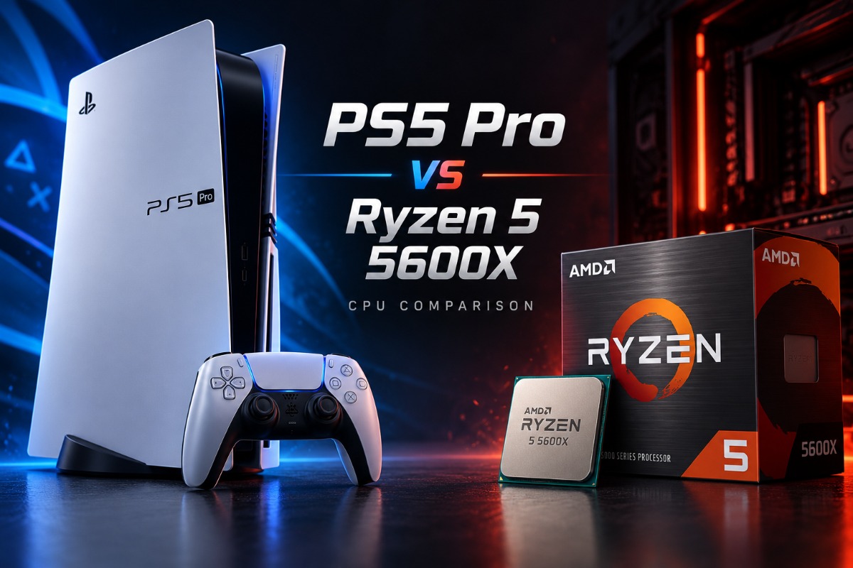 Sony PlayStation 5 Pro console beside an AMD Ryzen 5 5600X processor in a gaming hardware comparison.