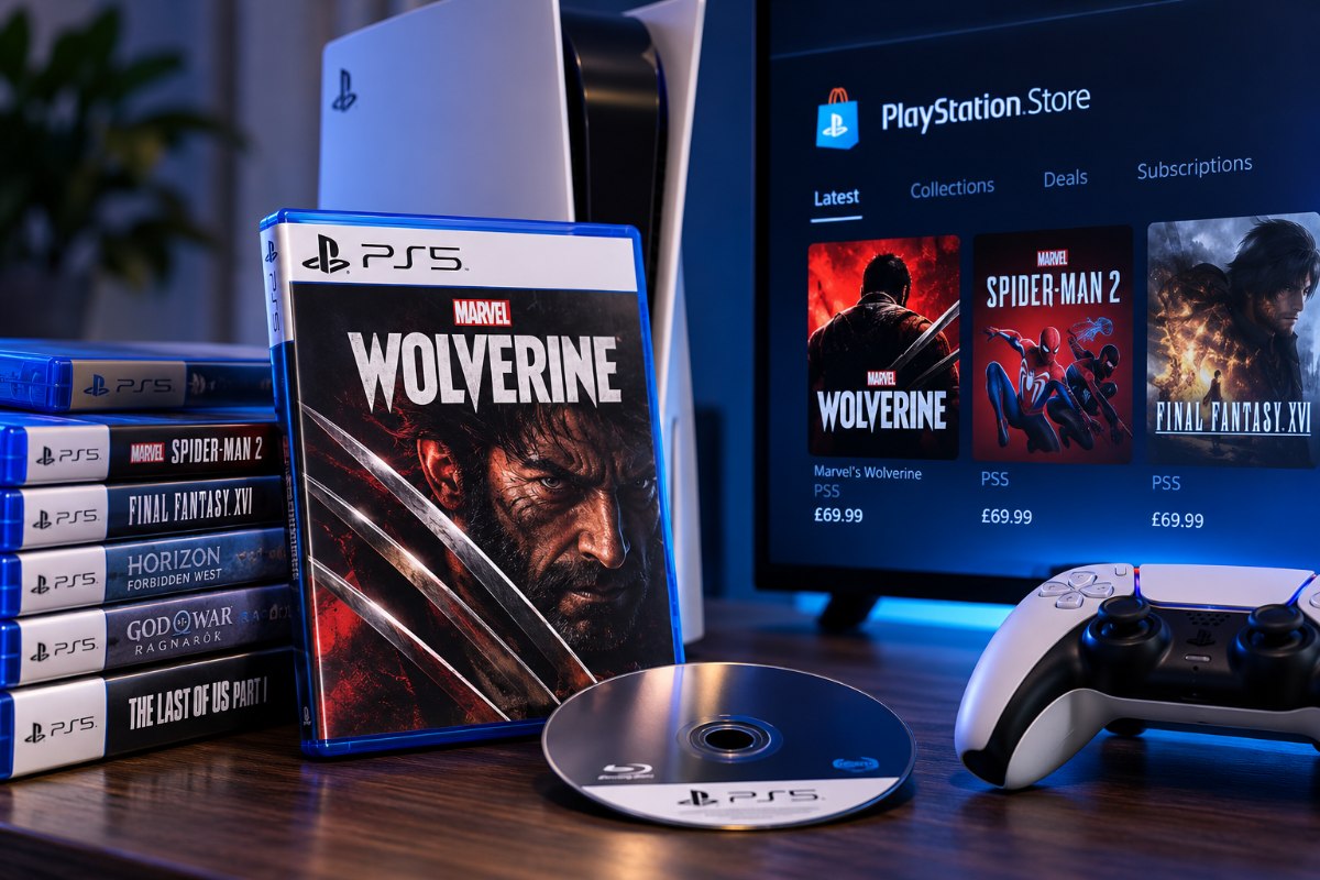 A PlayStation 5 console beside physical game cases and a disc, illustrating the shift toward digital games.