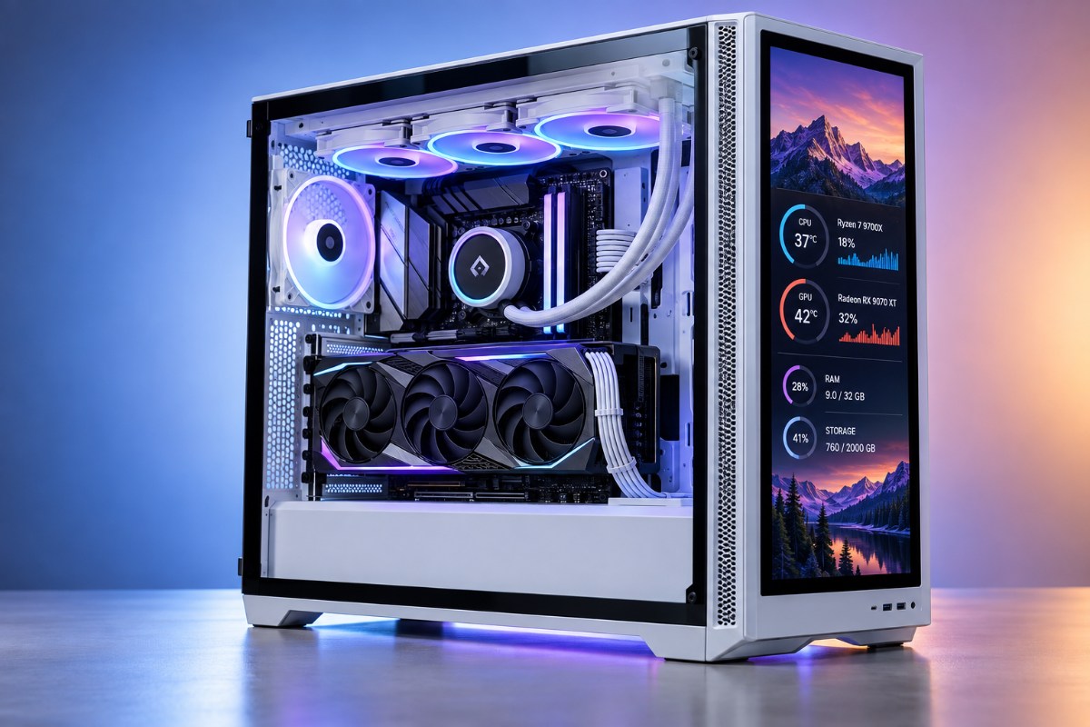 KOTIN gaming PC with Radeon RX 9070 XT graphics, Ryzen 7 9700X processor, liquid cooling, and an integrated 11.3 inch display.