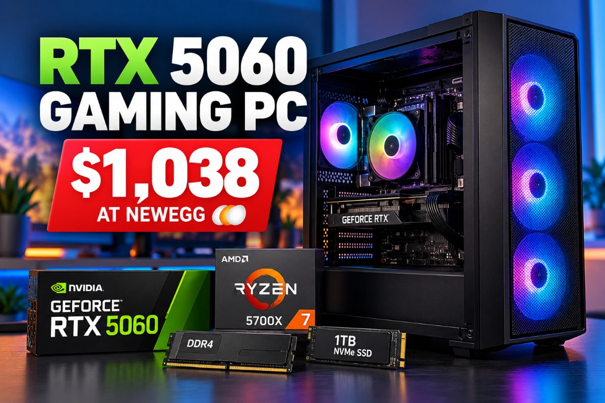 The LXZ gaming desktop pairs NVIDIA's RTX 5060 with an AMD Ryzen 7 5700X and A520 motherboard. Newegg lists a discounted price of $1,037.99 with a promotional code.
