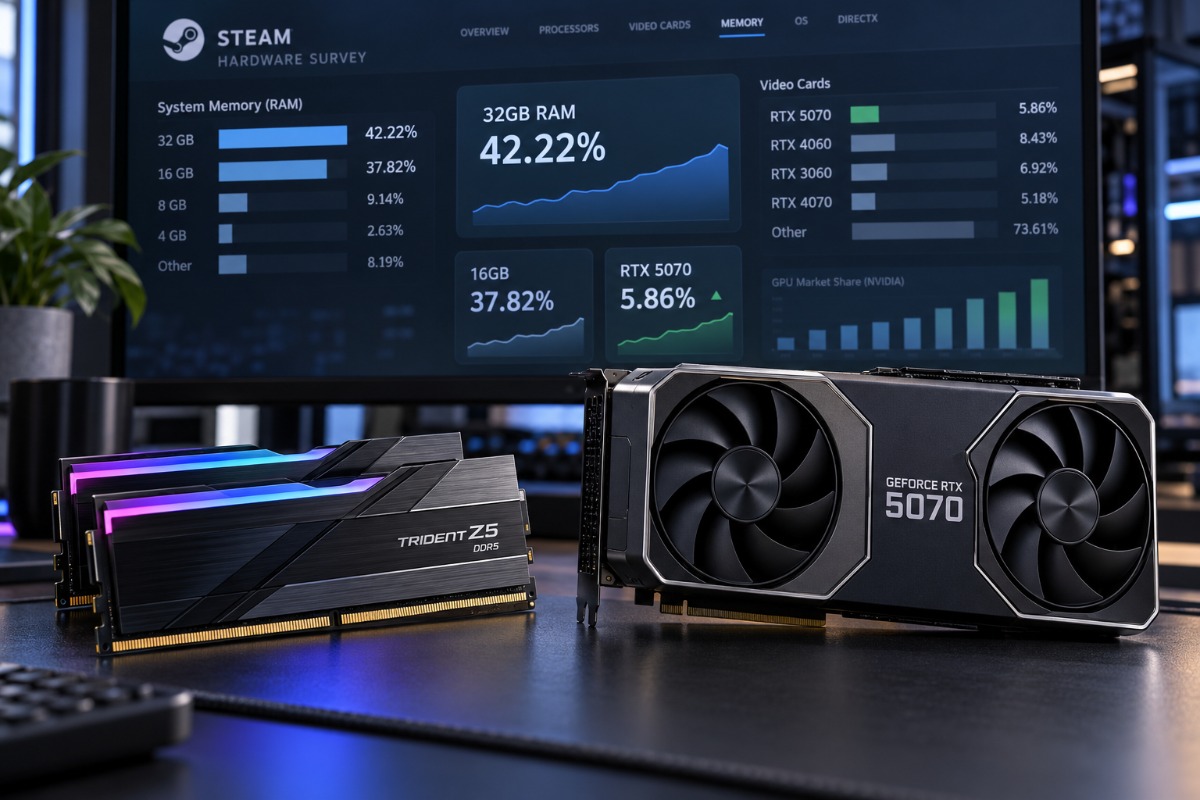 32GB desktop memory and an NVIDIA GeForce RTX 5070 representing Steam's September 2026 hardware survey results.