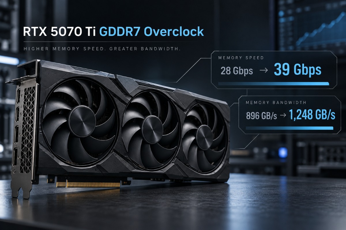 Gigabyte GeForce RTX 5070 Ti graphics card representing a GDDR7 memory overclock from 28 Gbps to 39 Gbps.