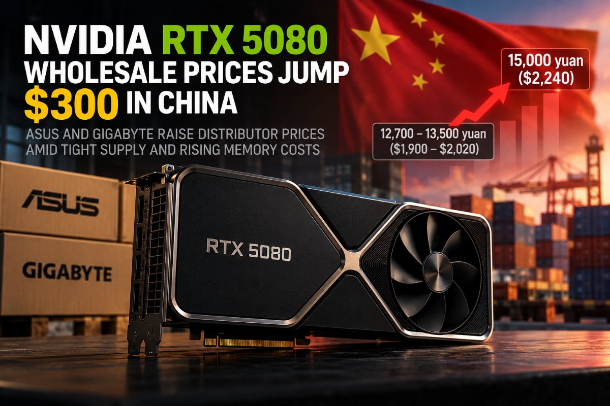 NVIDIA GeForce RTX 5080 graphics card illustrating rising wholesale GPU prices in China.