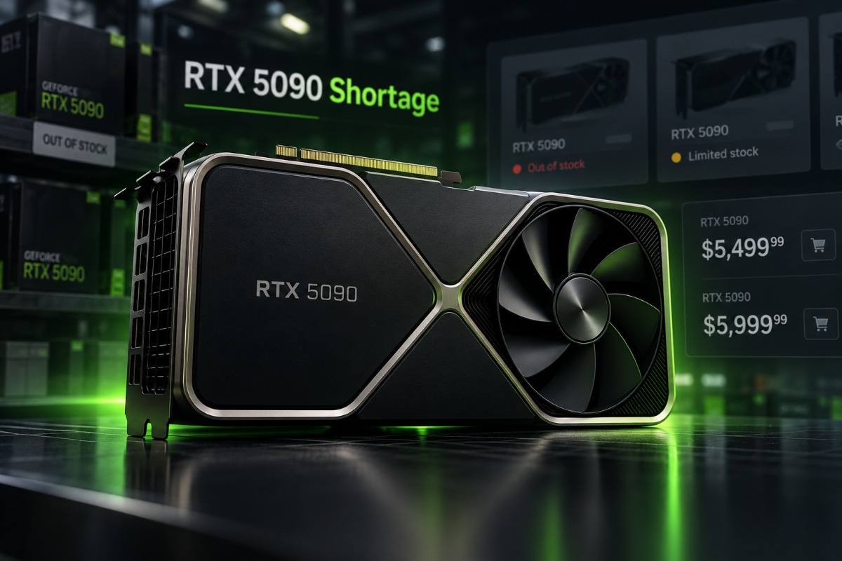 Nvidia GeForce RTX 5090 Founders Edition graphics card illustrating the flagship GPU's reported supply shortages.