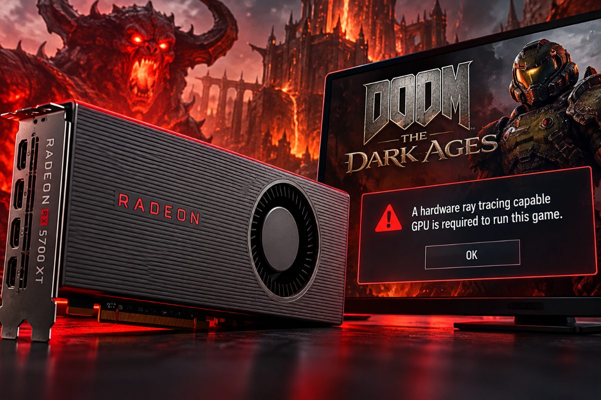 AMD Radeon RX 5700 XT graphics card beside an illustrative gaming display showing the hardware ray tracing compatibility problem.