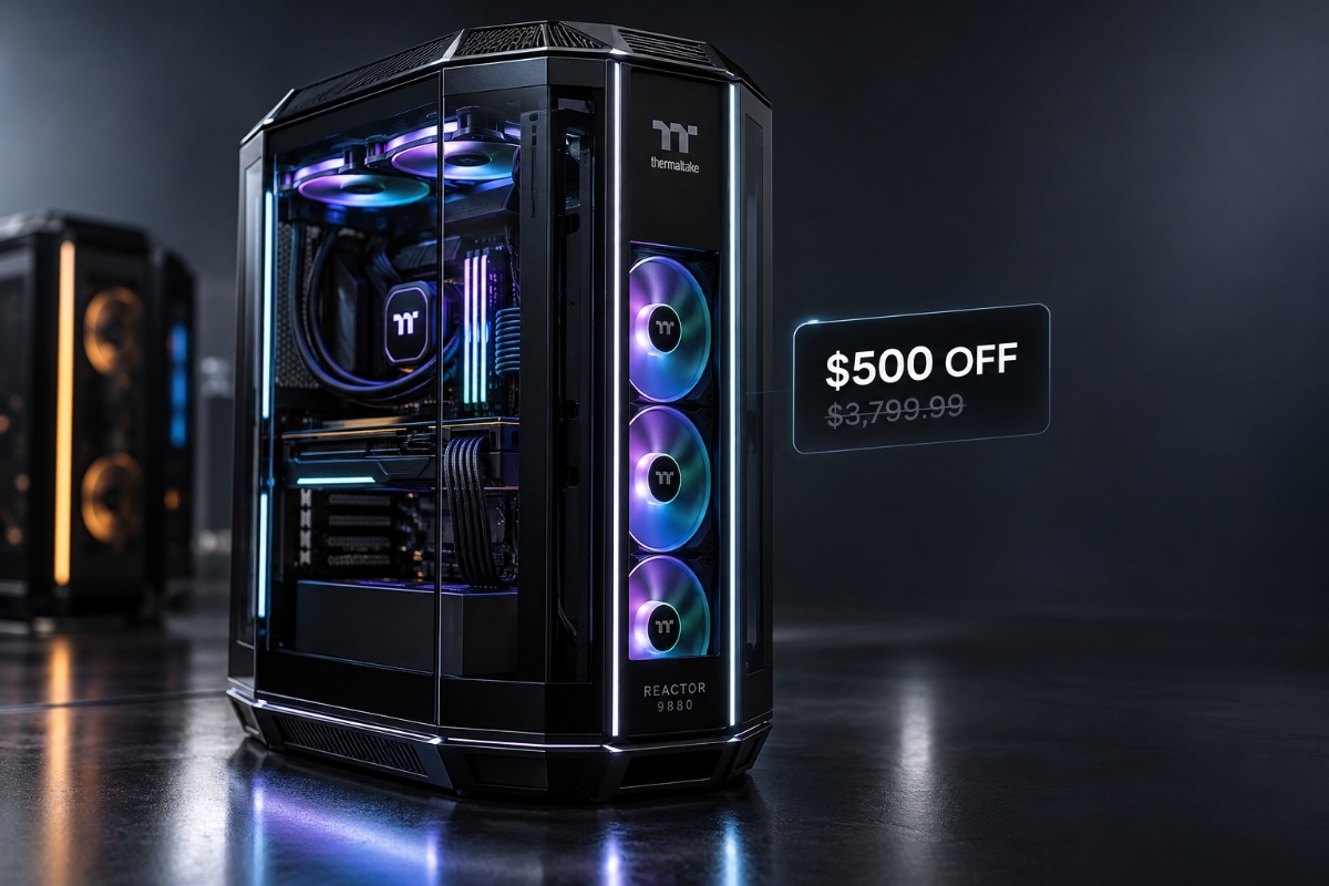 Thermaltake Reactor 9880 gaming desktop with a black octagonal chassis, RGB lighting, and GeForce RTX 5080 graphics.