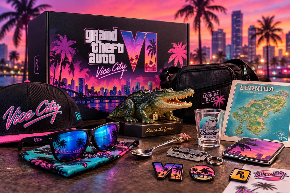 An open GTA 6 Vice City collector's box featuring Macca the Gator merchandise, sunglasses, a cap, and themed accessories.