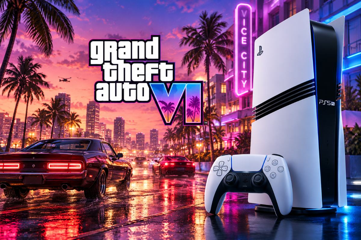 A PlayStation 5 Pro console beside Grand Theft Auto VI promotional artwork, illustrating the game's upcoming console enhancements.